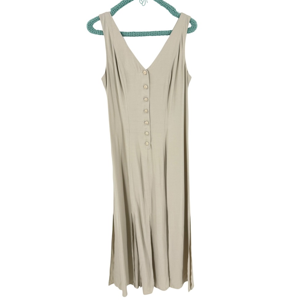 Vintage Maxi Dress Beige Size 6 Sleeveless Button Front V-Neck Neutral 90s Y2K